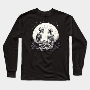 Gothic Skeleton Lovers, Eternal Love, Moon Black & White Illustration Long Sleeve T-Shirt